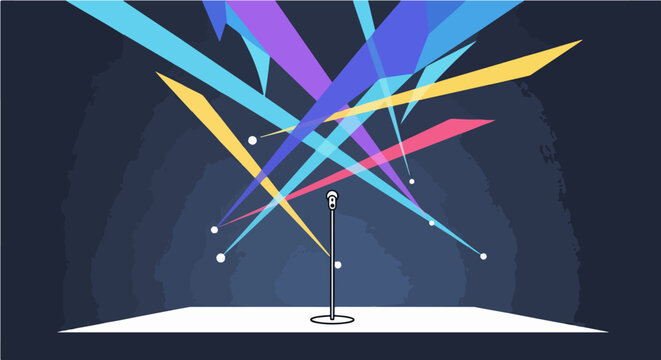 Center stage microphone illuminated by vibrant colorful spotlights, a graphic concept for a live performance or talent show