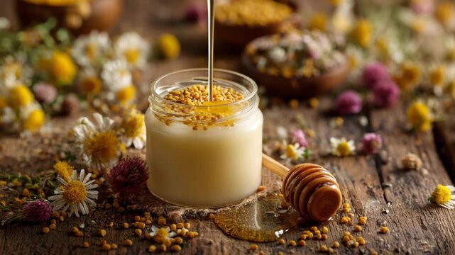 Close-up of fresh royal jelly in glass jar with honey dipper, surrounded by bee pollen and flowers on rustic wooden surface