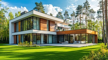 A luxurious modern home with a spacious yard