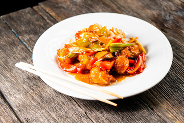 Fried shrimp in sweet and sour sauce with vegetables.Asian food. Chinese cuisine