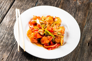 Fried shrimp in sweet and sour sauce with vegetables.Asian food. Chinese cuisine