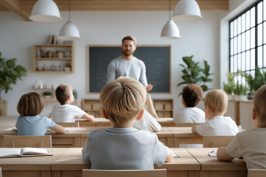 Bright modern classroom with diverse students focused on learning, teacher guiding in front