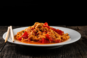 Omelette with tomatoes on a dark background.Asian food. Chinese cuisine