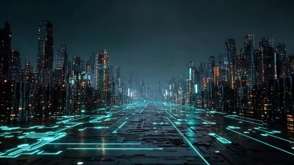 Futuristic cityscape made of glowing circuit boards and neon pathways, endlessly looping under dark sky - Powered by Adobe