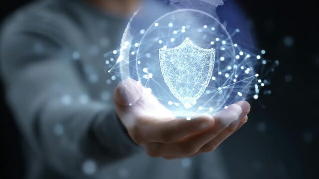 Futuristic concept of human protection with shield in hand, connected to holographic nodes representing insurance and safety