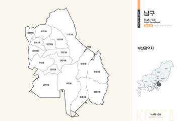 Obraz premium 부산광역시 남구 행정구역 윤곽선 지도
