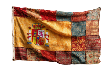 Ripped flag, patchwork design, regal emblem