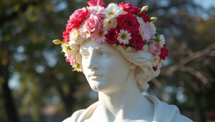 A white marble statue of a woman adorned with a colorful flower crown. The statue is set against a blurred green background, showcasing nature.