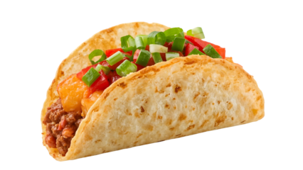 Beef taco with cheese, tomatoes, and green onions in crispy tortilla shell isolated on the transparent background