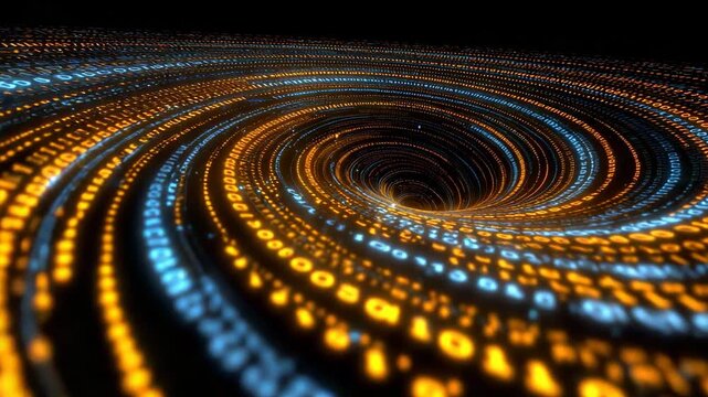 Glowing neon vortex of binary code spirals inward with orange and blue light trails in cyberspace