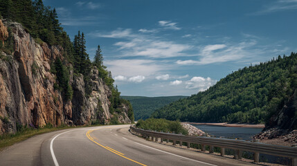 Winding road curves along a rocky cliffside with trees and a lake under a cloudy sky