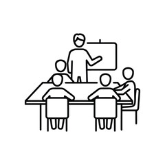 Classroom Dialogue: A simple, eye-catching line art illustration depicting a classroom setting. A teacher delivers a lecture to four students.