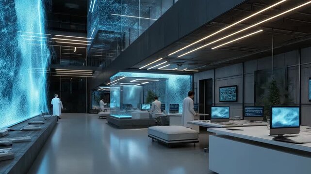 A group of people are in a room with a large blue wall.Clean futuristic AI development lab with glowing blue data streams and faceless workers, superintelligence labs