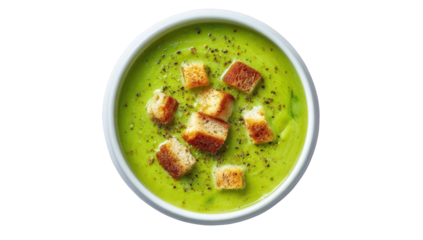 Creamy green soup topped with crunchy croutons