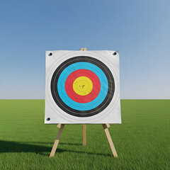 A focused image of a vibrant archery target on a stand, with arrows perfectly clustered in the center, symbolizing flawless aim, success, and dedication under a clear blue sky.