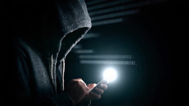 Hooded figure in dim light, face obscured, smartphone screen glowing as code reflects in shadows, symbolizing cybercrime