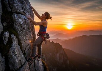 Fototapeta premium Female Rock Climber Ascending a Mountain Peak at Golden Sunset
