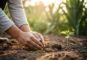 Caring Hands Planting a Young Green Sprout in Fertile Soil Under Golden Light