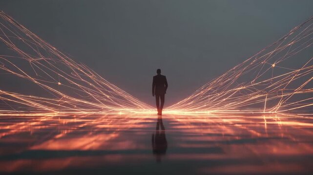 Lone businessman walking into glowing web of digital lines, symbolizing technology&acirc;&euro;&trade;s endless possibilities and futuristic vision