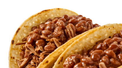 Closeup of tacos with pulled pork and baked beans in corn tortillas on the transparent background, comfort food, traditional mexican cuisine