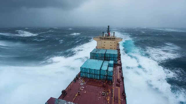 Massive cargo ship battling towering waves under stormy skies, containers secured as wind and spray crash over deck