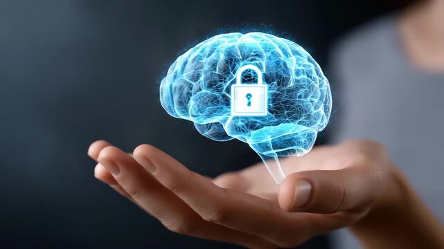 A person is holding a brain with a lock on it. The lock is blue and the brain is also blue. AI brain hologram suspended above human hand holding padlock, conceptual ai governance ethics theme