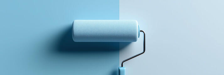 Blue paint roller creates smooth finish on matching colored wall surface.