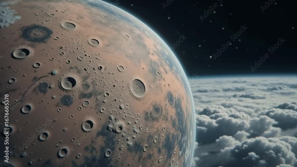 Wall mural futuristic orbital view of a desolate red planet with a cratered surface next to a celestial body co