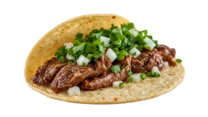 Authentic carne asada taco with fresh cilantro and onion on corn tortilla isolated on the transparent background