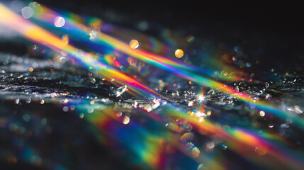 A close up of rainbow colored light streaks and bokeh on a dark surface with water drops