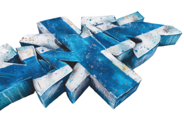 Graffiti-style lettering, stylized with blue and white