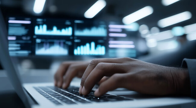 Hands type on laptop keyboard within modern technological workspace environment.