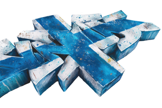 Graffiti-style lettering, stylized with blue and white