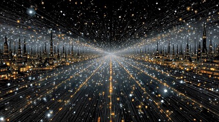 the image shows an endless city on either side of a perspective of lights. the buildings include elaborate architecture and tall spires