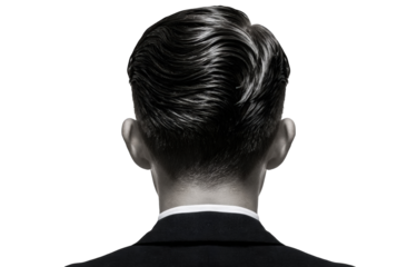 Close-up of a man's back of head and upper back, black and white