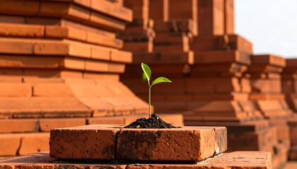 A young green plant emerges from a brick in an ancient temple site, symbolizing resilience and growth