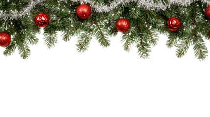 Christmas tree branches with red ornaments and tinsel isolated on transparent background