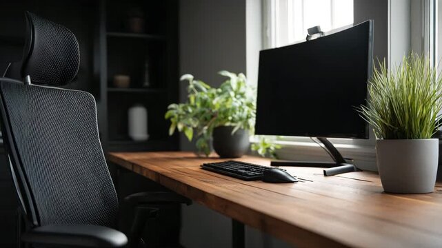 Sleek black office chair at modern desk with dual monitors, potted plant adding a touch of greenery to the clean workspace