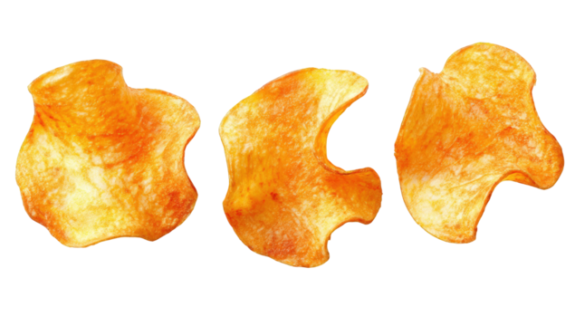 Close-up of three crispy potato chips