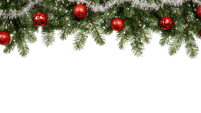 Christmas tree branches with red ornaments and tinsel isolated on transparent background