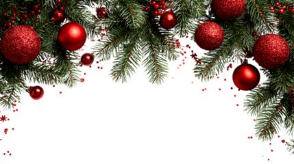 Christmas decoration with red ornaments and glitter isolated on transparent background
