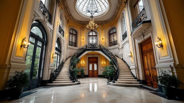 A grand entryway hall - Impressive, commanding - Empty but filled with light from a large chandelier - Inside a luxurious estate.