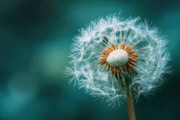 Fototapeta premium Close-up of a dandelion seed head. Soft focus on a blurred teal background