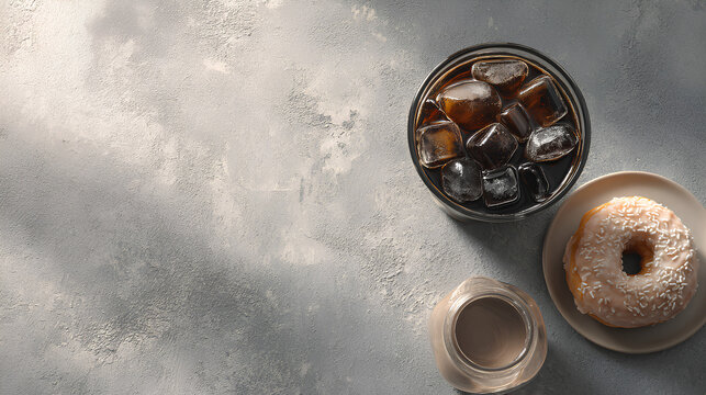 Flat lay of iced coffee and donut with soft shadows and blank space for branding or menu details