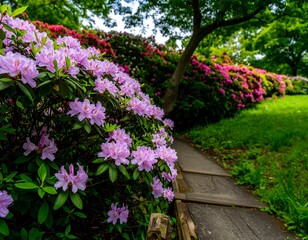 Lush pink azaleas line a garden path
