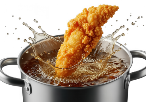 Crispy fried chicken tender cooking action isolated on transparent background