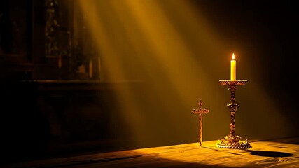 Sacred Candle and Christian Cross Illuminated by Divine Golden Light Beams in a Church - Powered by Adobe