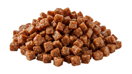 Obraz premium Pile of dried meat cubes isolated on the transparent background high protein snack, pet food, jerky, healthy nutrition concept