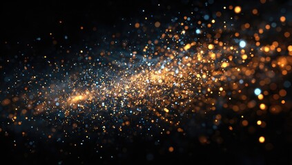 Abstract swirling particles of light, gold and blue, on black background
