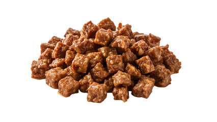 Obraz premium Pile of moist beef cubes dog treats isolated on the transparent background high protein pet snack bites concept for training reward